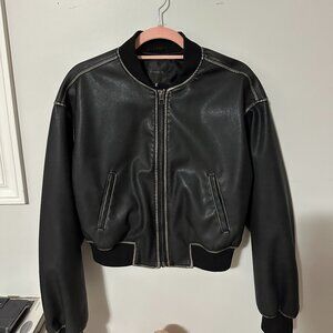 Cropped black faux leather bomber jacket
